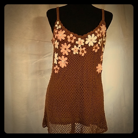INC International Concepts Tops - Brown crochet top with pink and white flowers